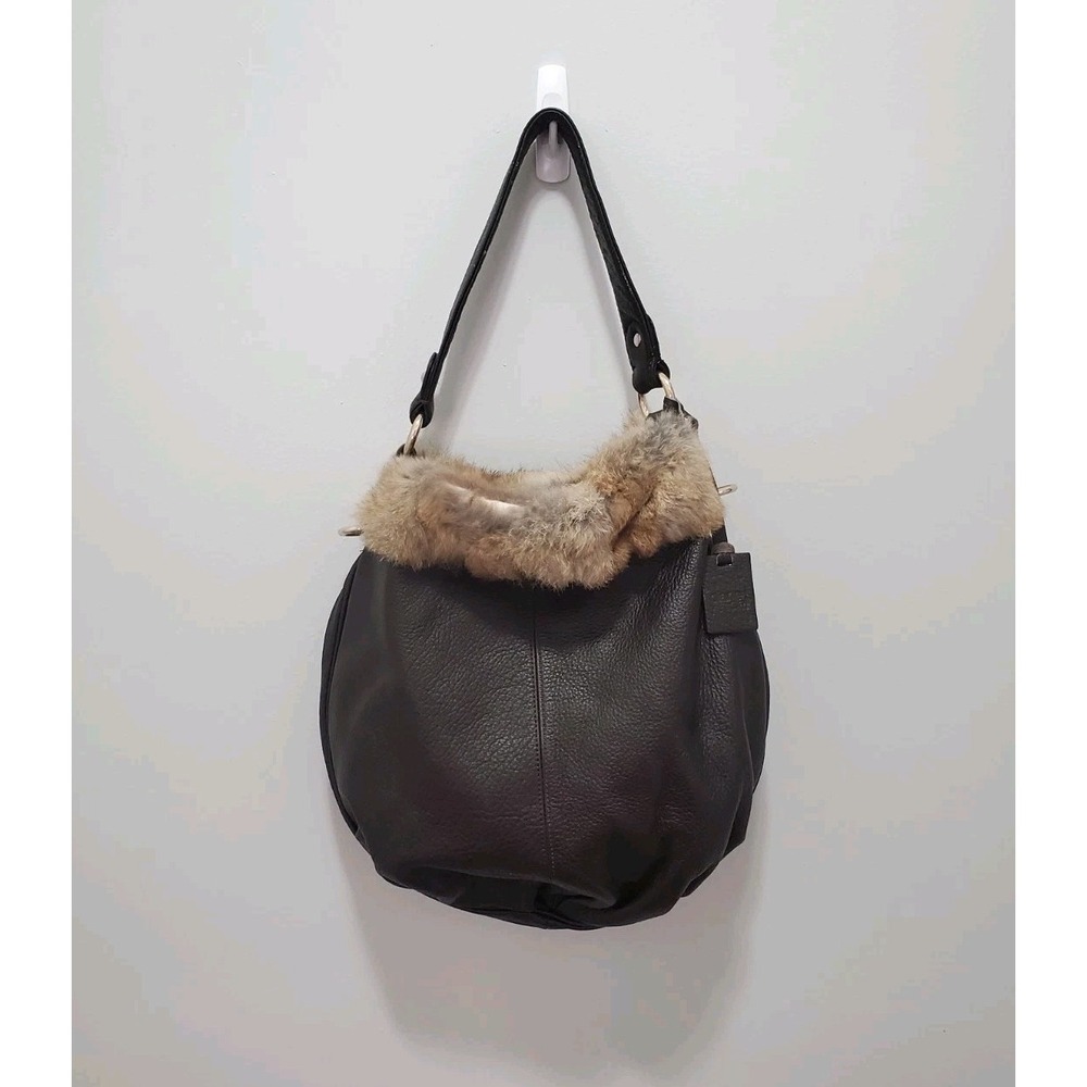 DIANE GAIL Dark Brown Leather Hobo Bag With Rabbit Fur Trim Vintage Y2K Purse